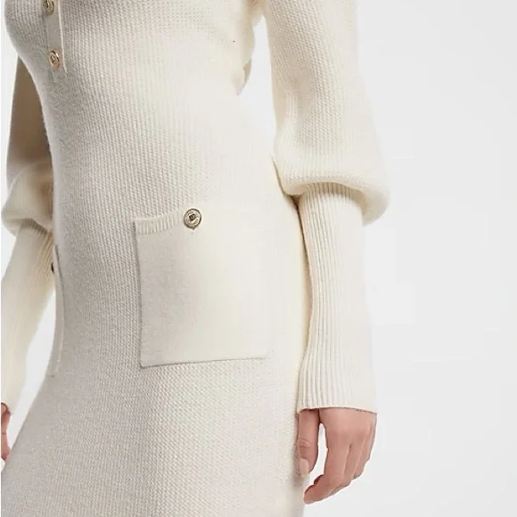 EXPRESS SWEATER DRESS BALLOON  SLEEVES BUTTON DETAIL WINTER WHITE NWT SZ MED - Picture 4 of 6